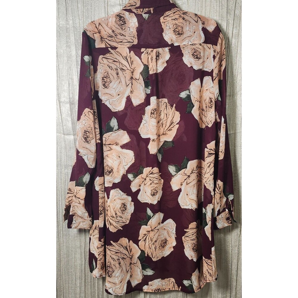 Sheer Burgundy Pink Rose Print Shirt Dress Roll Tab Long Sleeve Plus Size 1X - Picture 6 of 7